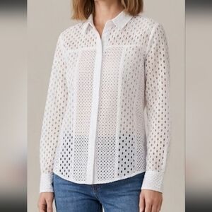 Exetera Women White Eyelet Cotton Shirt Size 44 L Button Front Lightweight Summe